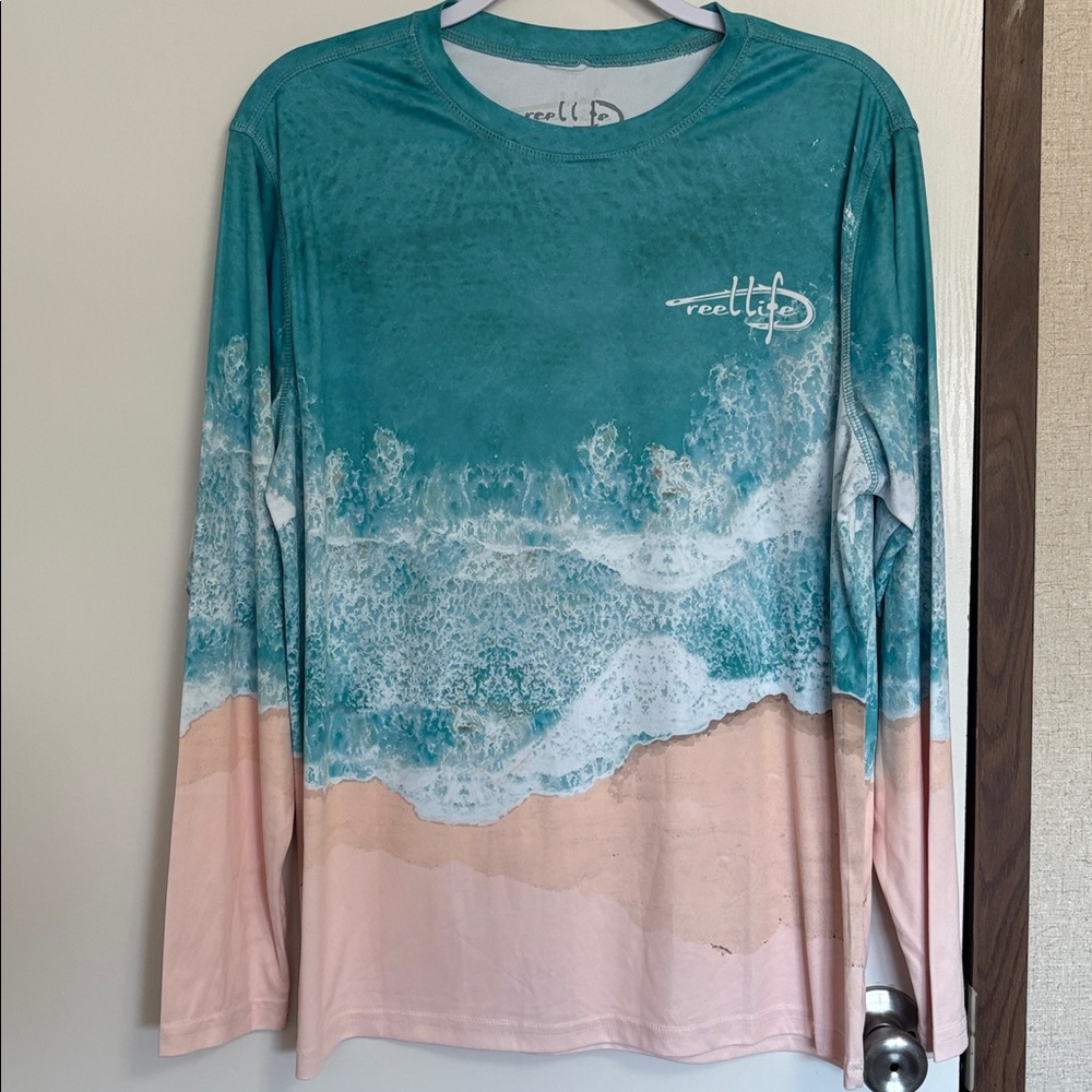 Reel Life Fishing Shirt Sz M Sun Defender Beach Graphic Casual Surfing Travel